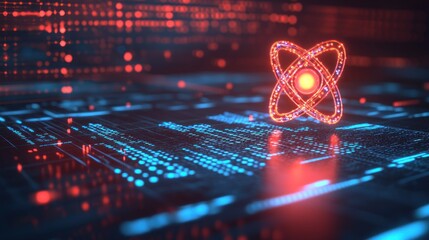 Vibrant atomic symbol on a digital circuit board with glowing data streams and lights