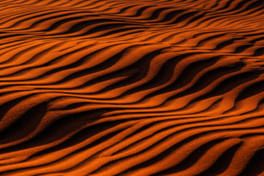 Abstract macro shot of undulating, parallel wave patterns resembling fine sand dunes or textured furrows