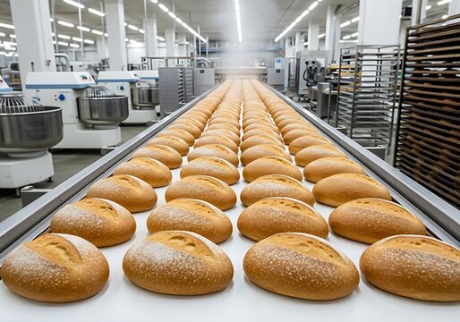 Industrial bakery production line with rows of freshly baked bread loaves moving along a conveyor belt in a factory setting