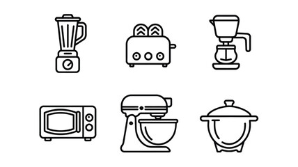 Set of 6 single line vector icons illustrating essential kitchen appliances for digital and print media silhouette White background