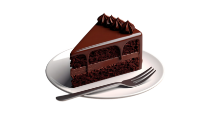 Slice of rich chocolate cake, adorned with decadent chocolate frosting and decorative piped swirls, sits on a pristine white plate with a silver fork against a stark black backdrop.