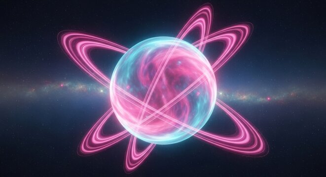 Vibrant glowing pink and blue sphere with intersecting rings in a dark galaxy space