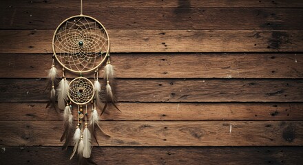 Dreamcatcher with Feathers Hanging on a Rustic Wooden Background