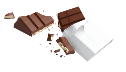 Decadent chocolate bar featuring a mix of milk and crunchy nuts, presented in an open paper wrapping against a stark black background.