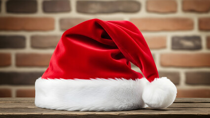 A cozy, festive Christmas scene with a red velvet Santa hat featuring a fluffy white trim and pom-pom, resting on a rustic wooden surface.