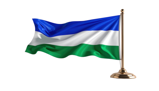 A three-striped flag, featuring blue, white, and green, elegantly waves on a golden pole against a solid black background, showcasing a simple yet impactful design, perfect for various presentations.