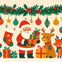 Obraz premium Cute Cartoon Santa Claus and Reindeer with Christmas Gifts and Decorations.