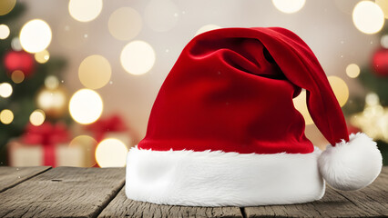 A cozy, festive Christmas scene with a red velvet Santa hat featuring a fluffy white trim and pom-pom, resting on a rustic wooden surface.