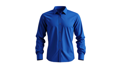 Vivid blue dress shirt elegantly displayed, showcasing a classic collar, button-down design, and long sleeves.