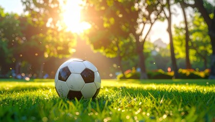 Obraz premium A classic black and white soccer ball is placed on a green grass field