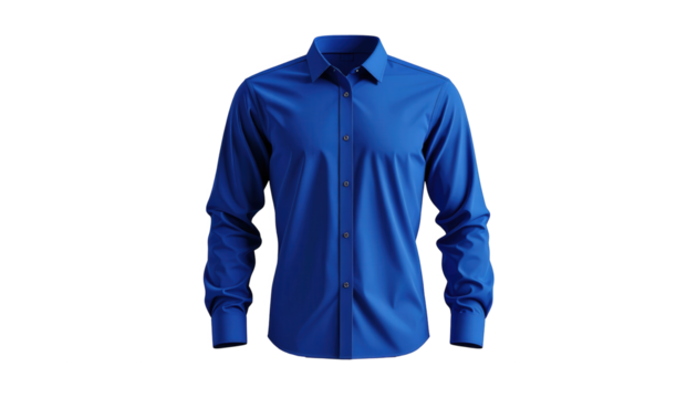 Vivid blue dress shirt elegantly displayed, showcasing a classic collar, button-down design, and long sleeves.