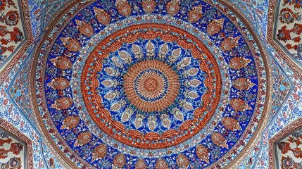 Vibrant, elaborate domed ceiling featuring complex blue, red, and white patterns