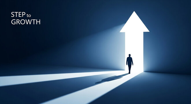Silhouette of a businessman walking towards a bright arrow representing growth and success