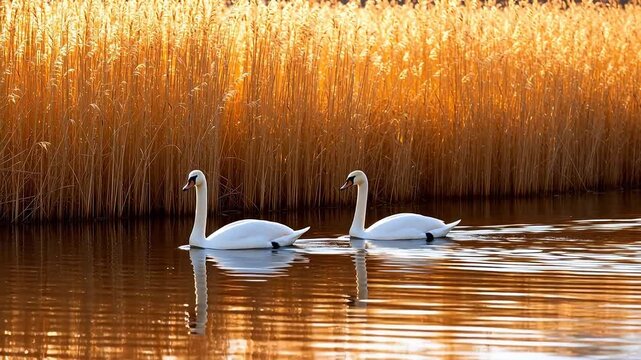 Two swans on water near reeds