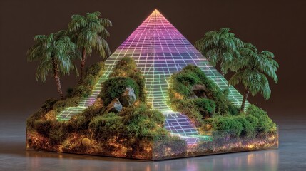 Surreal Pyramid Landscape with Neon Grid and Tropical Vegetation Creates a Futuristic Dreamscape
