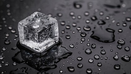 Melting ice cube on shiny black surface