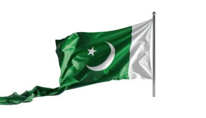 A detailed view of a flag blowing in the wind against a dark background, showcasing a vibrant green color combined with white, a symbol of peace and unity.