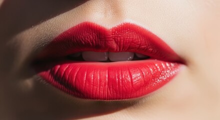 Fototapeta premium Vibrant red lipstick on full, slightly parted lips with a glimpse of white teeth