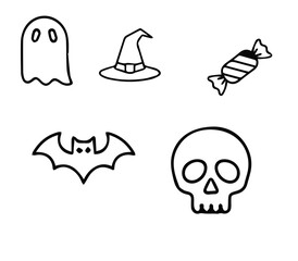 Halloween Icon Set Vector SVG with Ghost, Witch Hat, Candy, Bat and Skull Line Art.