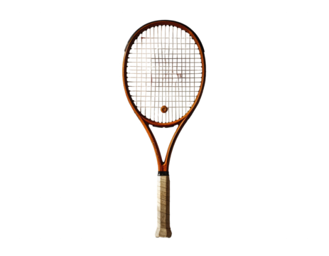 A vintage tennis racket, centrally positioned and isolated against a solid black backdrop, showcasing a warm color palette with brown tones and a detailed net, offering a sense of nostalgia.