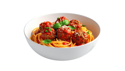 A delectable bowl of spaghetti is presented, featuring vibrant, long noodles covered in a rich tomato sauce, surrounded by perfectly cooked meatballs, garnished with fresh basil leaves and grated...