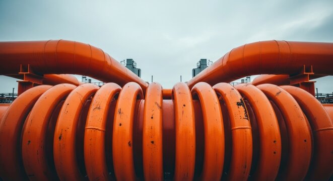 Vivid orange coiled industrial piping dominates a complex scene under an overcast sky
