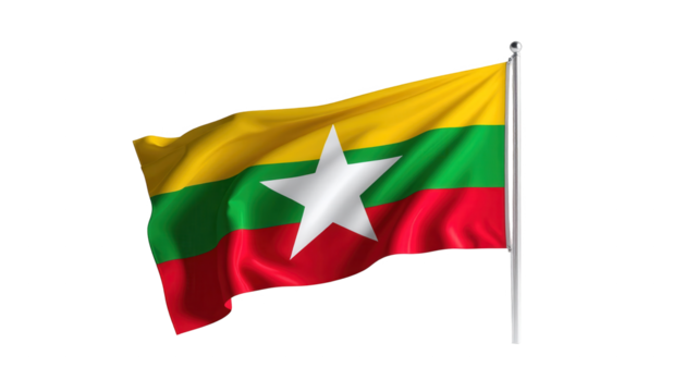 The national flag of a country is shown waving in the wind, its fabric displaying vibrant yellow, green, and red stripes along with a prominent white star, set against a stark black background...