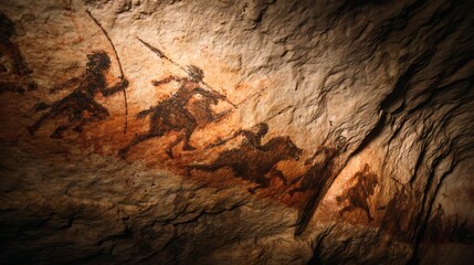 Ancient Cave Paintings Depicting Hunter and Prehistoric Scenes