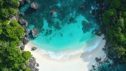 Secluded beach cove framed by lush greenery