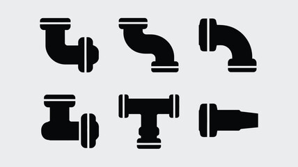 Set of six scalable vector silhouette illustrations of plumbing pipe fittings and connectors for industrial applications silhouette White background