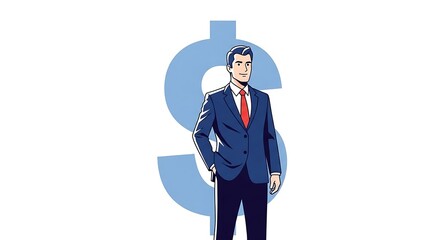 Confident Businessman Standing Before a Dollar Sign Illustration.