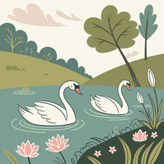 Vector art of a serene illustration depicts two graceful swans gliding on a tranquil lake, surrounded by lush greenery, water lilies, and a peaceful landscape, creating a scene of natural beauty