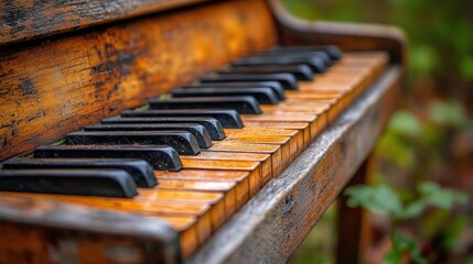 Weathered antique piano keyboard with chipped wood and discolored keys in nature