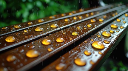 Wet wooden bench with numerous golden raindrops glistening; blurred green nature background