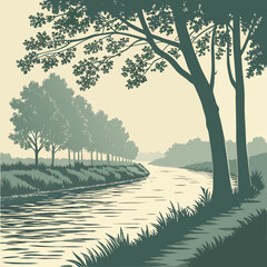 Fototapeta premium Vector art of a serene river landscape with lush trees lining the banks, creating a tranquil scene of natures beauty, with a gentle flow of water reflecting the sky above and the surrounding greenery