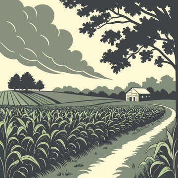 Vector art of a serene rural landscape illustration featuring a cornfield, a winding path, and a quaint barn under a cloudy sky, framed by a large tree, evoking a sense of peaceful countryside charm