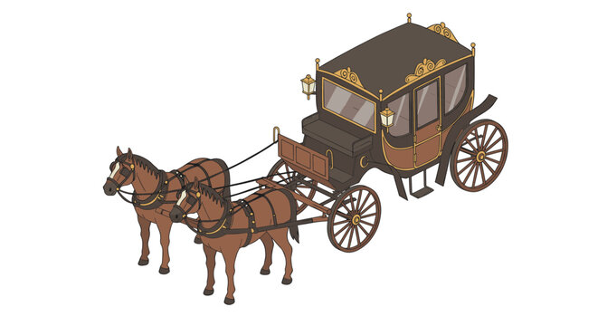 Vintage horse-drawn carriage with ornate design in isometric style