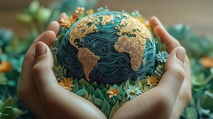 Hands holding textured globe with plants and flowers showing lush greenery swirling oceans and global environmental nature inspired composition