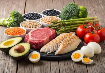 A balanced diet spread featuring lean protein sources like raw steak and cooked fish, alongside healthy fats from avocado, and various vegetables and legumes