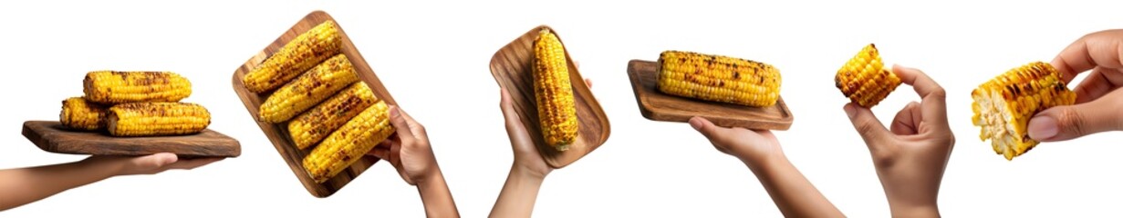 Set of hand holding corn ribs on the cob, grilled seasoned charred, wooden serving board, spice barbecue bbq, pile sliced stack broken bitten, transparent cutout PNG. Many different style. Mockup	
