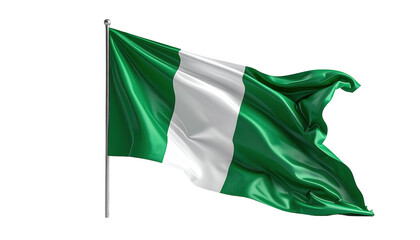A digitally rendered image showcases a waving flag composed of three vertical stripes, with green and white coloring.