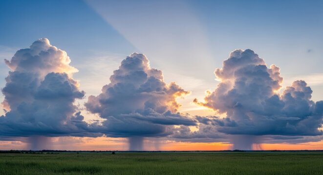 Wide landscape with bright sunset light illuminating rain-streaked clouds over green grass