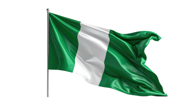 A digitally rendered image showcases a waving flag composed of three vertical stripes, with green and white coloring.