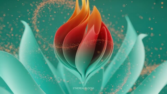 A vibrant and captivating 3d render of an abstract flower with petals in shades of red, orange, and yellow, set against a serene turquoise background