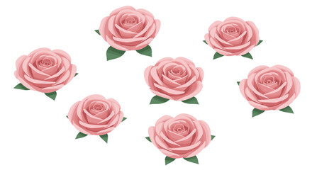 Realistic pink roses art pattern with green leaves on white background