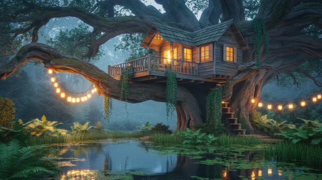 Enchanting treehouse nestled in ancient tree, illuminated by warm light, reflecting in tranquil pond under twilight sky, creating magical atmosphere