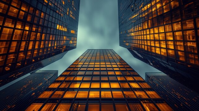 Worm's eye view of modern glass skyscrapers with glowing windows against a dark, cloudy sky