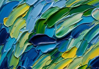 Closeup of thick, textured oil paint strokes in vibrant shades of blue, green, and yellow, creating an abstract pattern
