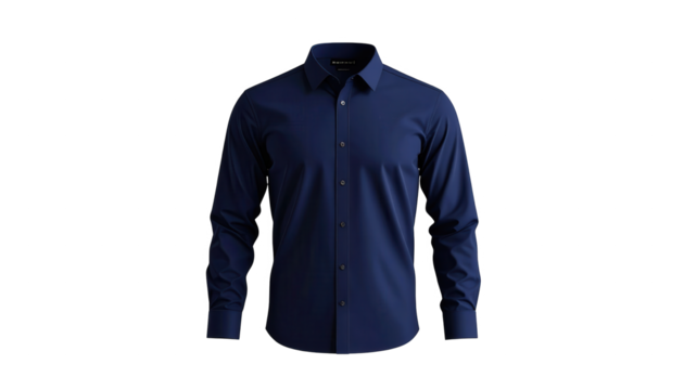 Elegant, long-sleeved, button-down shirt in a deep navy blue color is displayed on a solid black background.