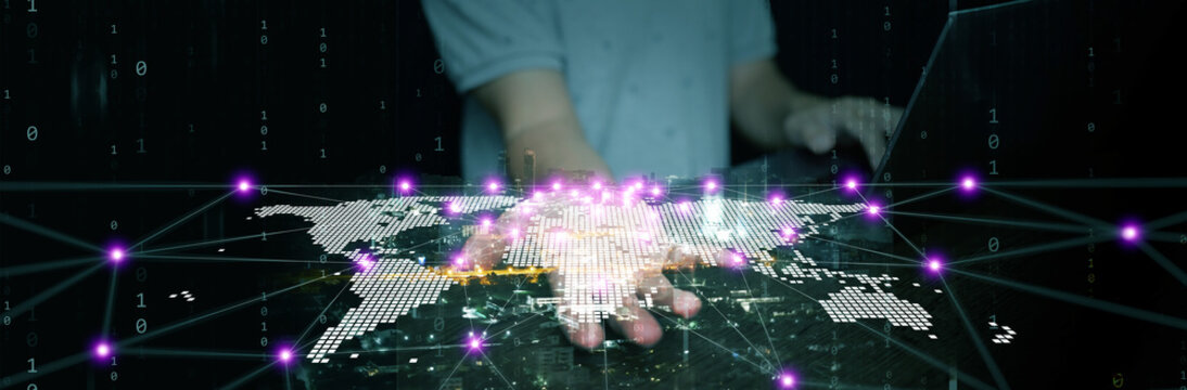 Futuristic concept of human hand touching global digital map with binary code and network connection. Internet technology, data transfer, cybersecurity, worldwide communication. - Powered by Adobe
